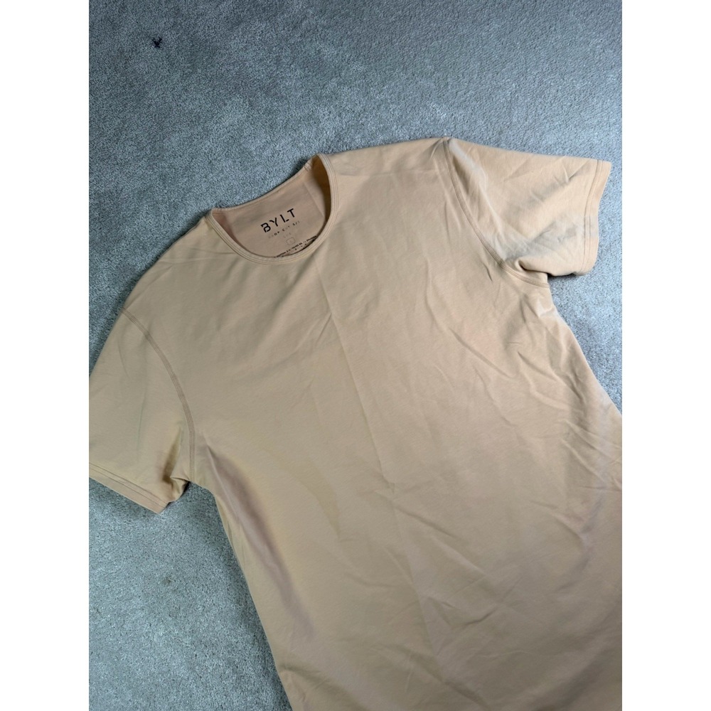 BYLT Men's Drop-Cut Shirt Size S Beige Tan Short Sleeve Crew Neck T-Shirt Luxe